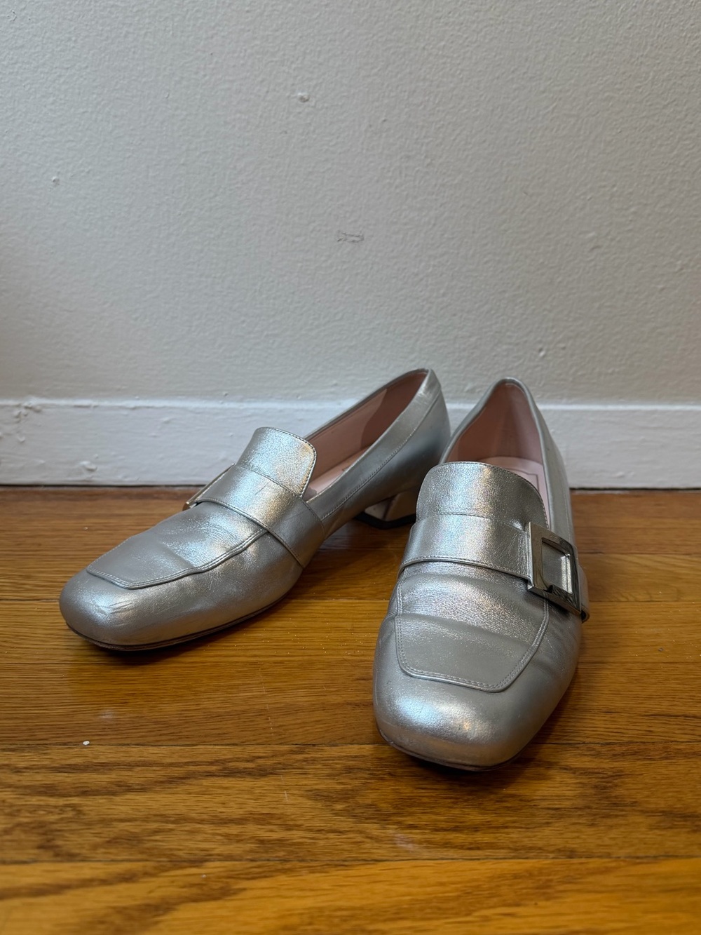 Roger Vivier Metallic Silver Buckle Loafers